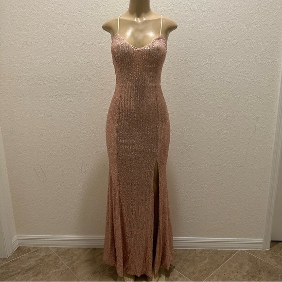 Missord Crisscross Lace Up Zipped Backless Split Thigh Sequin Maxi Dress Size M - Picture 4 of 8
